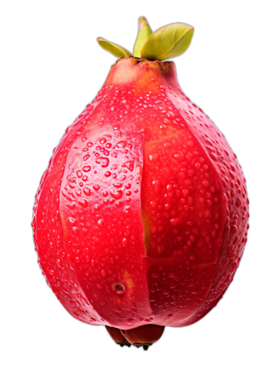 A photo of an exotic fruit that resembles the shape and color of a pomegranate. The top is cut off to reveal its seeds inside. The bottom part is a long oval shaped piece with water droplets on it, isolated against a black background. The photo is in the style of studio photography, high resolution photography, and hyper realistic photography.