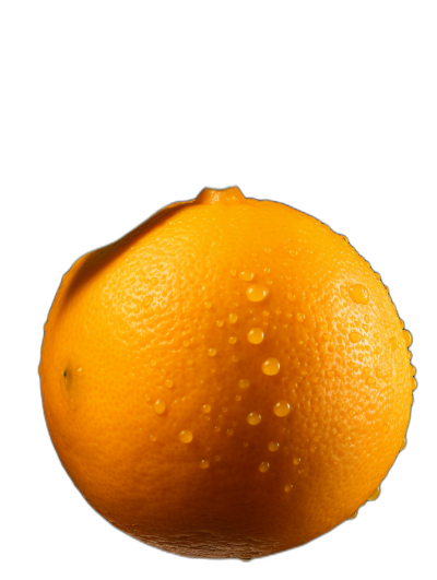 An orange with water drops on it, isolated on a black background, in a high resolution photographic style.