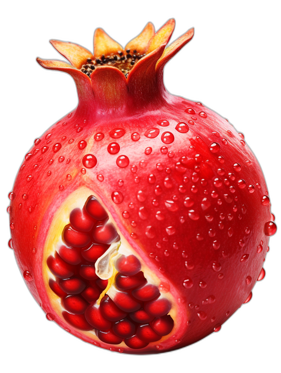 pomegranate with open center, high resolution digital art, black background, hyper realistic photography