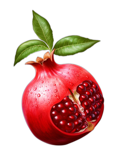 A realistic pomegranate with leaves, cut in half to reveal its seeds and juice inside, isolated on a black background, vector illustration in the style of digital art, high resolution