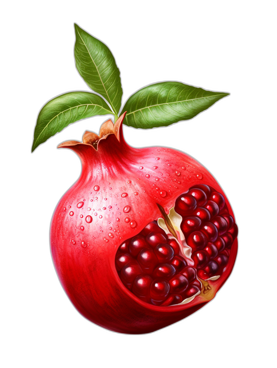 A realistic pomegranate with leaves, cut in half to reveal its seeds and juice inside, isolated on a black background, vector illustration in the style of digital art, high resolution