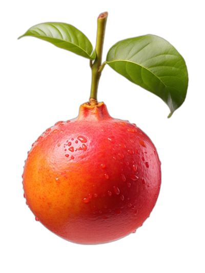 A red tangerine with water droplets on it, green leaves and a stem hanging down from the top, isolated on a black background, high resolution photographic image, of high quality in the style of an East Asian artist.