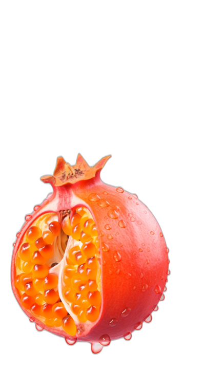 Pomegranate with half cut open, water droplets on the peel against a solid black background, in the style of super realistic photo, high resolution photography, macro shot, closeup, hyperrealistic, ultradetailed, high resolution, 8k.