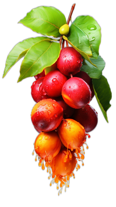 Red and orange macafal fruits hanging from the branch, green leaves, water droplets on the fruits, black background, in the style of hyperrealistic, high resolution, a professional photograph, studio lighting, HDR, high detail, no contrast, sharp focus, macro lens, digital photography, professional color grading.