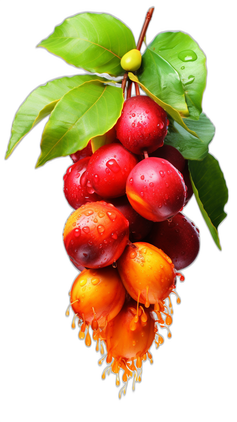 Red and orange macafal fruits hanging from the branch, green leaves, water droplets on the fruits, black background, in the style of hyperrealistic, high resolution, a professional photograph, studio lighting, HDR, high detail, no contrast, sharp focus, macro lens, digital photography, professional color grading.