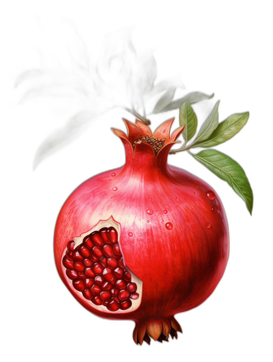 A pomegranate with leaves and smoke, detailed drawing, on black background, in style of digital airbrushing, realistic