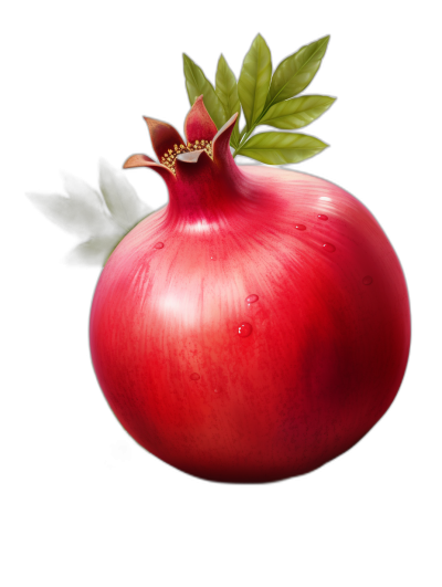 A pomegranate with leaves, illustrated in the style of digital airbrushing on black background, high resolution