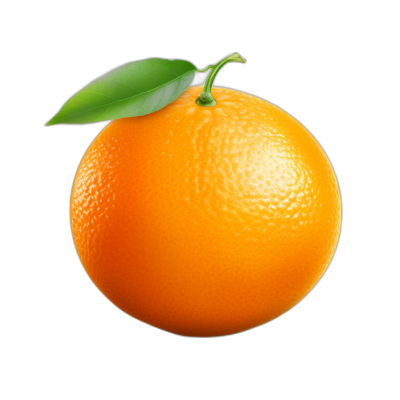 A highly detailed vector illustration of an orange with a green leaf on top against an isolated black background. The illustration is in the style of high resolution photography with insanely sharp focus and no blur effect.
