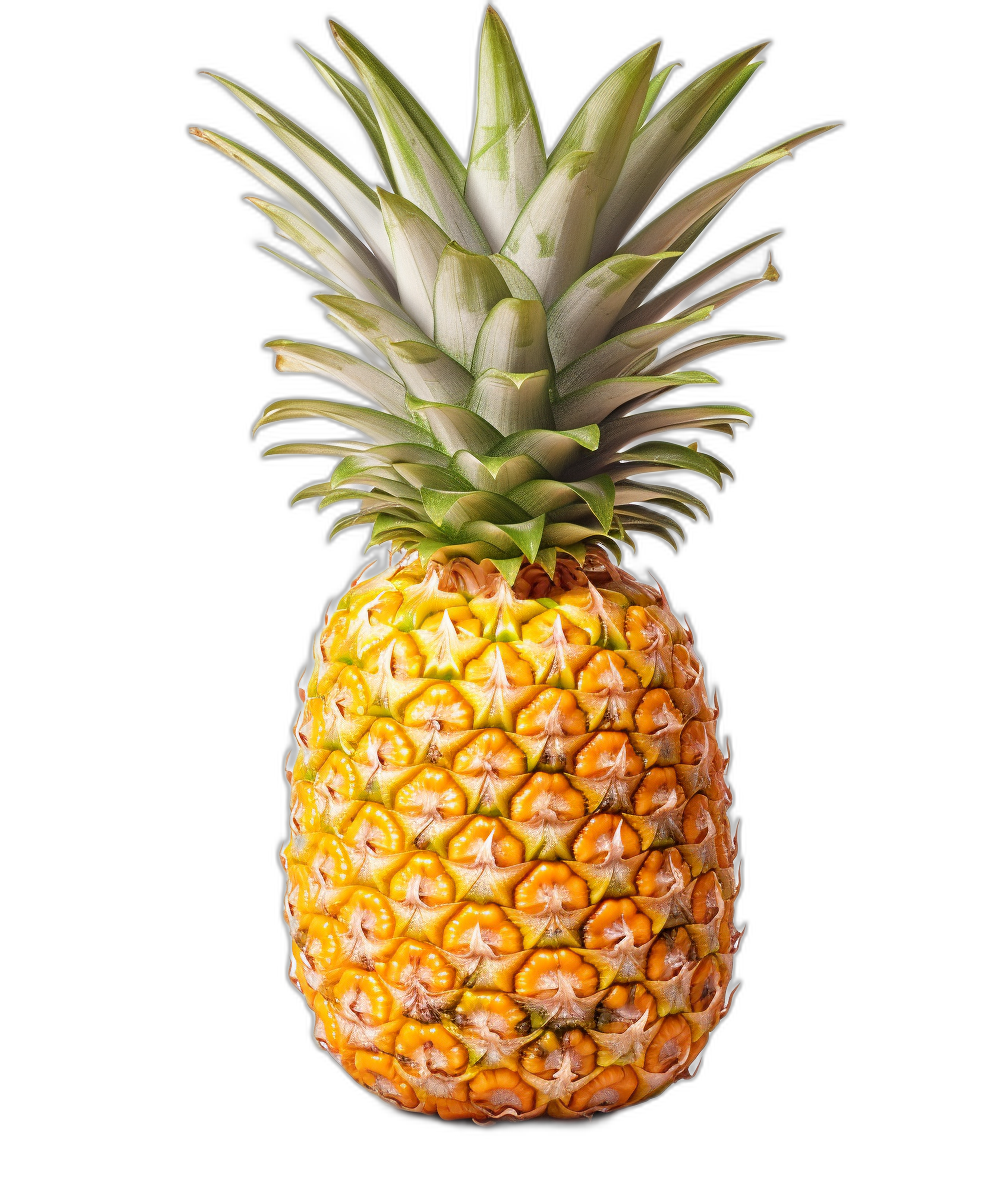 A pineapple floating in the air, black background, closeup, front view, hyperrealistic style, high resolution photography, high definition details, high detail, high quality