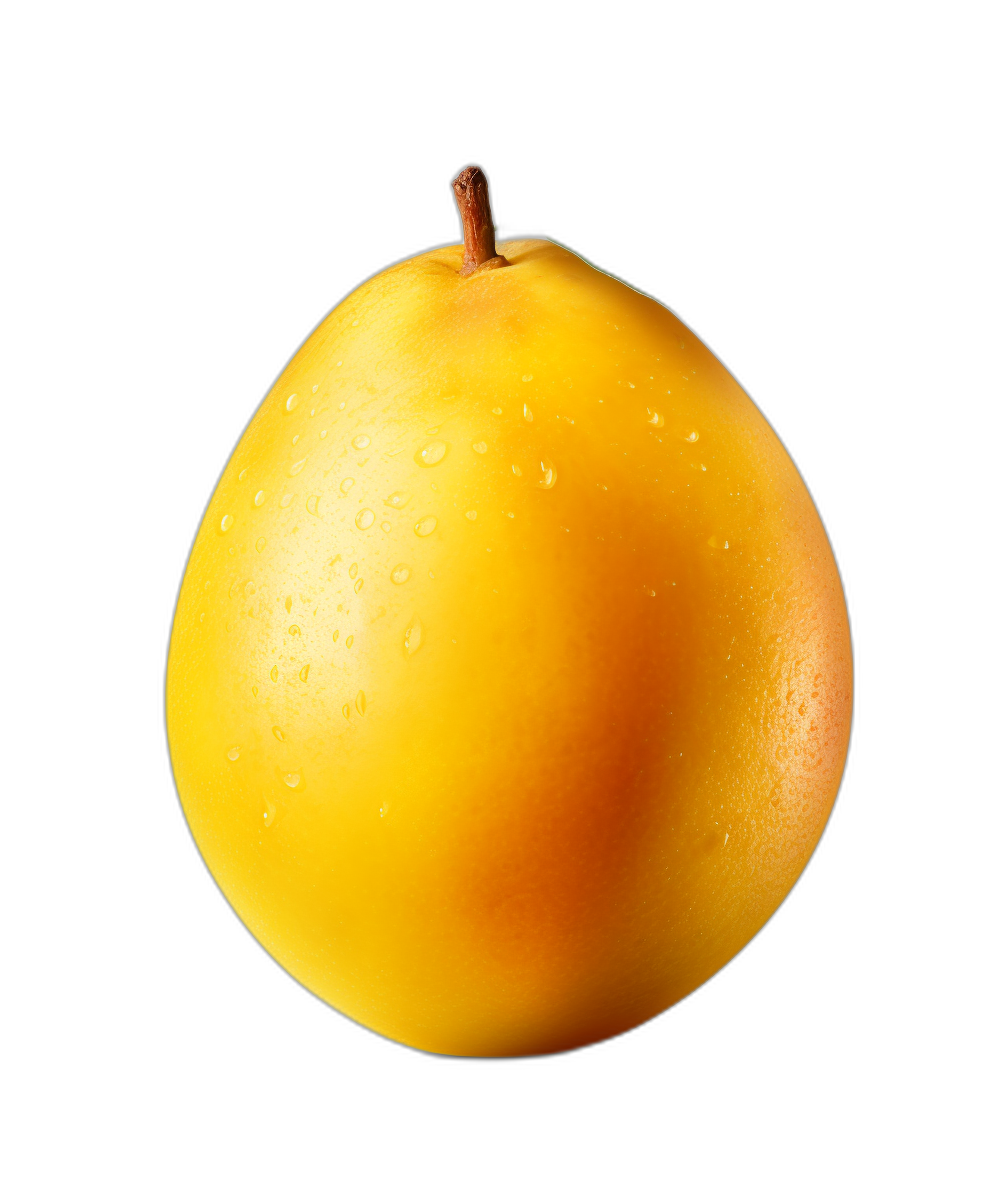 A yellow plum with water droplets on it, isolated against a black background, an ultra realistic photographic style.