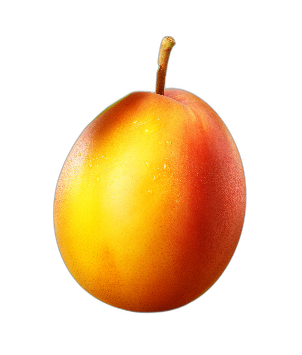 A realistic photo of the fruit apricot, with vibrant colors and glossy skin, floating in front of an isolated black background. The apricots have detailed textures that highlight their unique shape and coloration. The lighting is soft yet highlights every detail on each apricot.