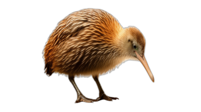 A full-body photograph of a brown kiwi bird isolated on a black background, in a high resolution photographic style.