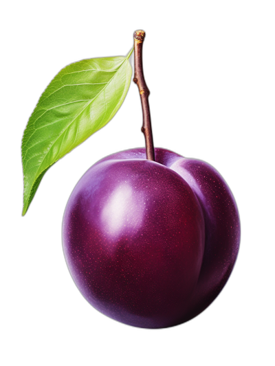 A realistic plum with leaves, vibrant purple color on black background, high resolution digital art in the style of airbrush painting