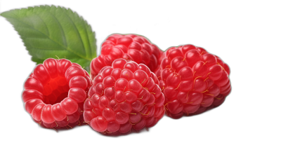 Rimplins, three raspberries with green leaves on black background, closeup, photorealistic, high resolution photography, insanely detailed