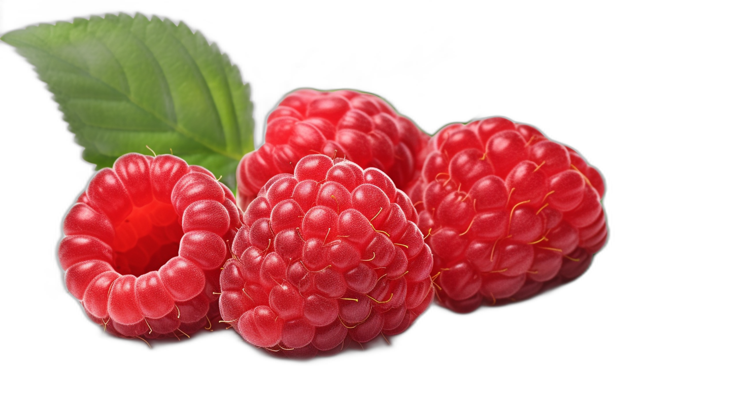 Rimplins, three raspberries with green leaves on black background, closeup, photorealistic, high resolution photography, insanely detailed