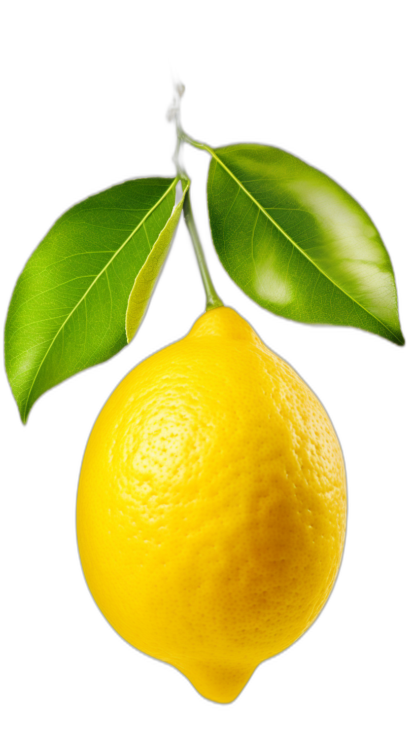 lemon with leaves, yellow lemon on black background, isolated on the left side of solid black color, photorealistic, hyperrealism, high resolution photography, high quality detail, macro lens, studio lighting, hard shadows, high contrast, vibrant colors, saturated, saturated, high exposure, sharp focus, no blur, high definition, hyper realistic