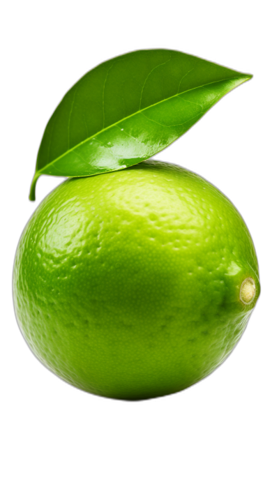 A lime with leaf, isolated on black background, high resolution photography