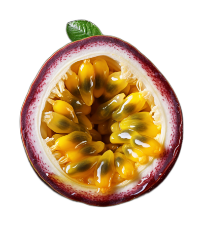 A top view of the inside cross section of passion fruit, on a black background, in a studio photography style, with high resolution photography.