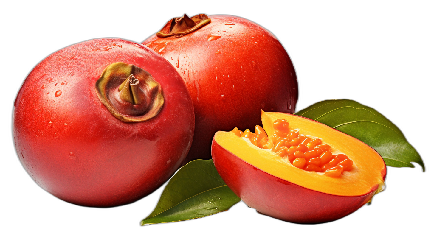 Pomegranate and papaya, realistic stock photo on black background , high resolution digital photography in the style of [George Stefanescu](https://goo.gl/search?artist%20George%20Stefanescu)