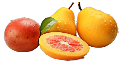 A realistic photo of two yellow mangoes and one red peach. The mango is sliced in half with green leaves on top. All three fruits have water droplets on them, isolated against a black background. It is a high resolution photograph with detailed texture and professional color grading. Soft shadows with no contrast and clean, sharp focus on the intricate details. The style is reminiscent of soft shadows and intricate details.