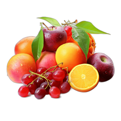 A pile of fresh fruits, including apples, oranges, grapes and pears, etc., with water droplets on them, against an isolated black background, in a high resolution, hyper realistic style reminiscent of photography.