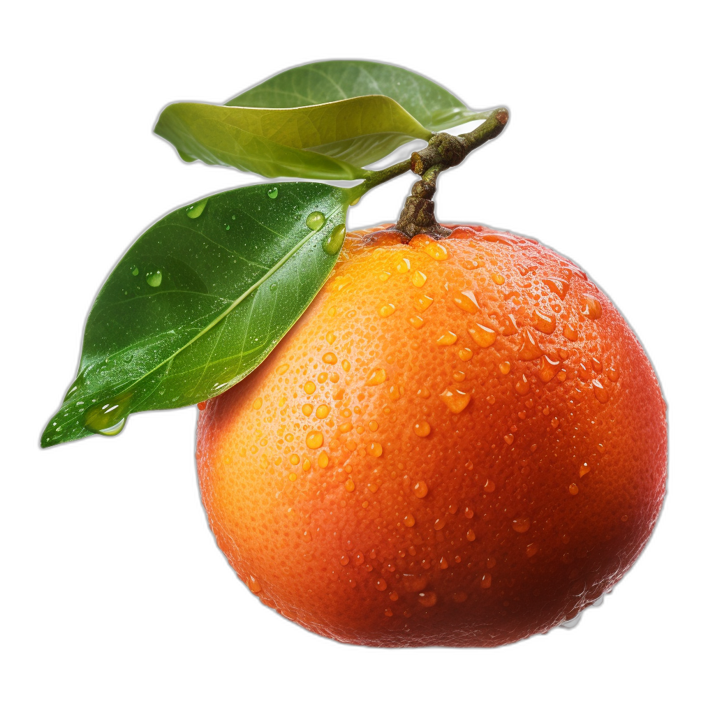 A realistic advertising photo of an orange with water droplets and green leaves on top, isolated against a black background. The fruit is detailed in high resolution, with its vibrant color contrasting beautifully against the dark backdrop.