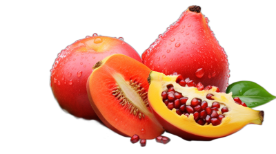 Red Pears and red papaya with pomegranate seeds, isolated on black background, high resolution photography