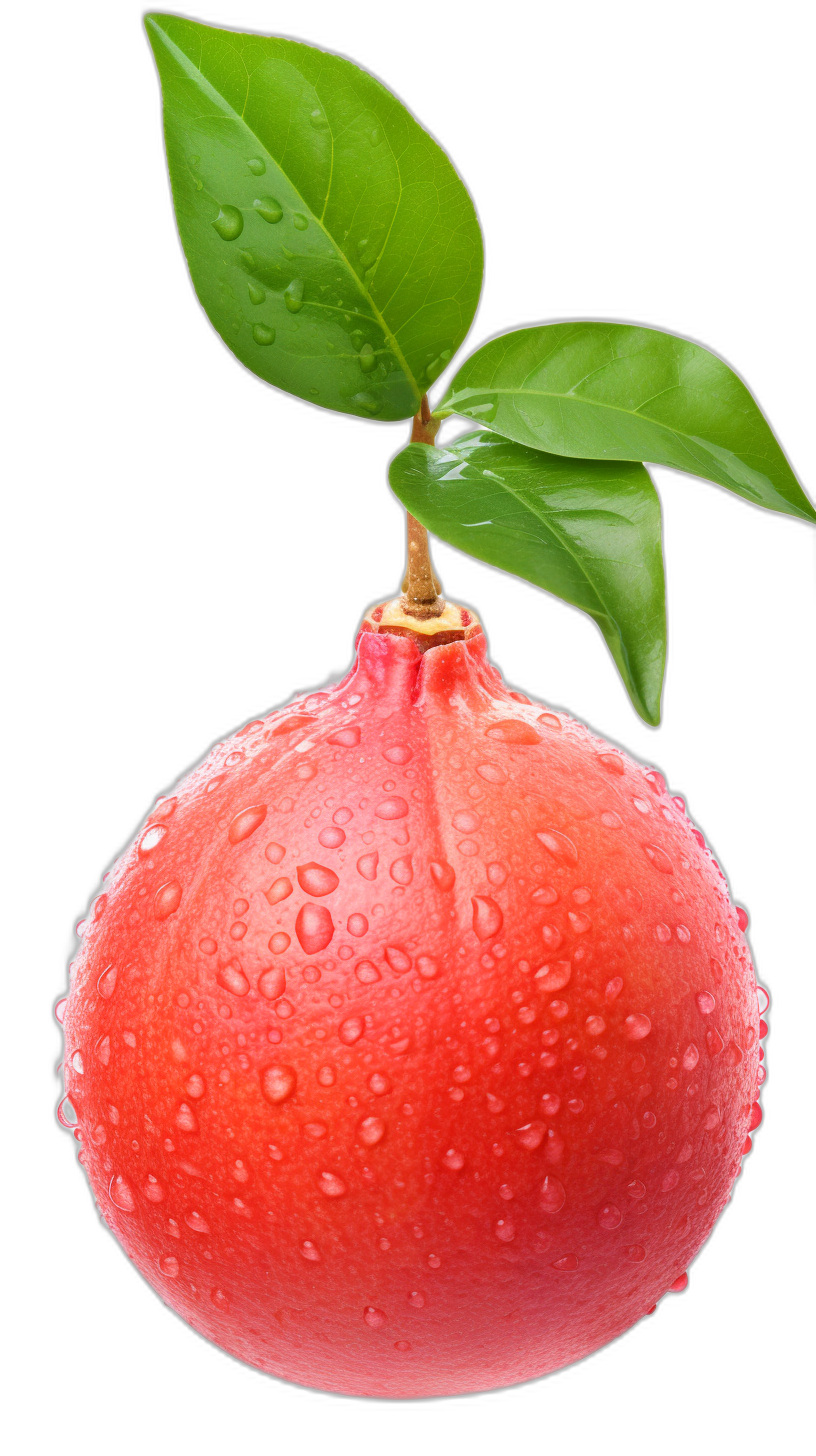 A red tangerine with water droplets on it, green leaves and the bottom of its stem is also green, on a black background, in the style of hyper realistic photography.