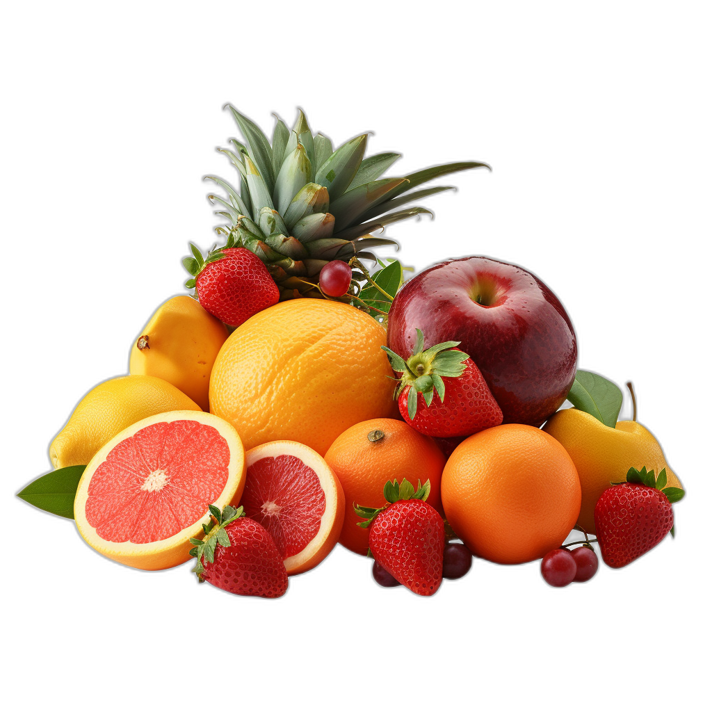 Fruit pile, with pineapple, orange and apple in the middle of it, surrounded by strawberries, grapefruit, cherry plums, apple oranges, pink guava, against black background, hyper realistic photography