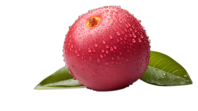 A single red jujube with water droplets on it, a leaf at the bottom of its side, isolated black background, high resolution photography, realistic and hyperdetailed rendering style, light pink color scheme, still life photography, advertising poster