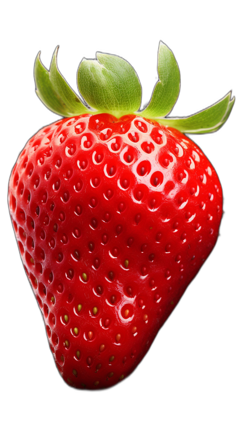 Realistic photograph of an complete strawberry, solid stark black background, focused lighting