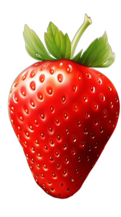 a strawberry in the style of detailed character illustrations, shiny/glossy, isolated on black background, digital art techniques, accurate and realistic details