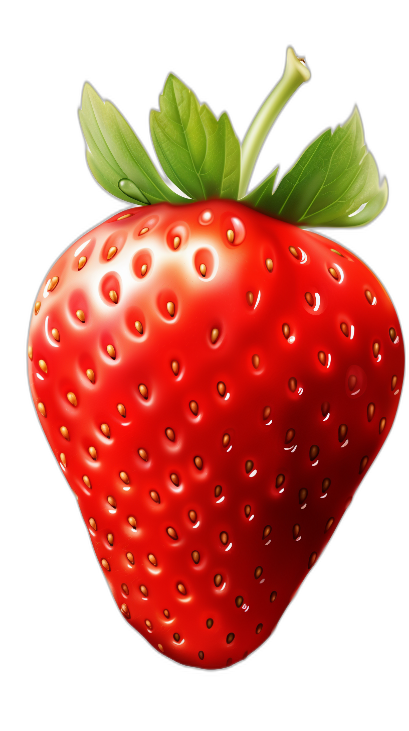 a strawberry in the style of detailed character illustrations, shiny/glossy, isolated on black background, digital art techniques, accurate and realistic details