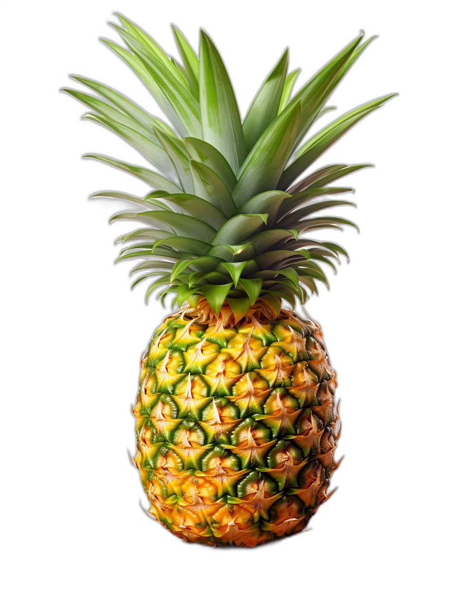 Pineapple on a black background with studio lighting in the style of a hyper realistic photography style. A full shot taken at F/24 with a macro shot providing high resolution and super detailed focus in full color using natural light like a professional photograph with high quality.