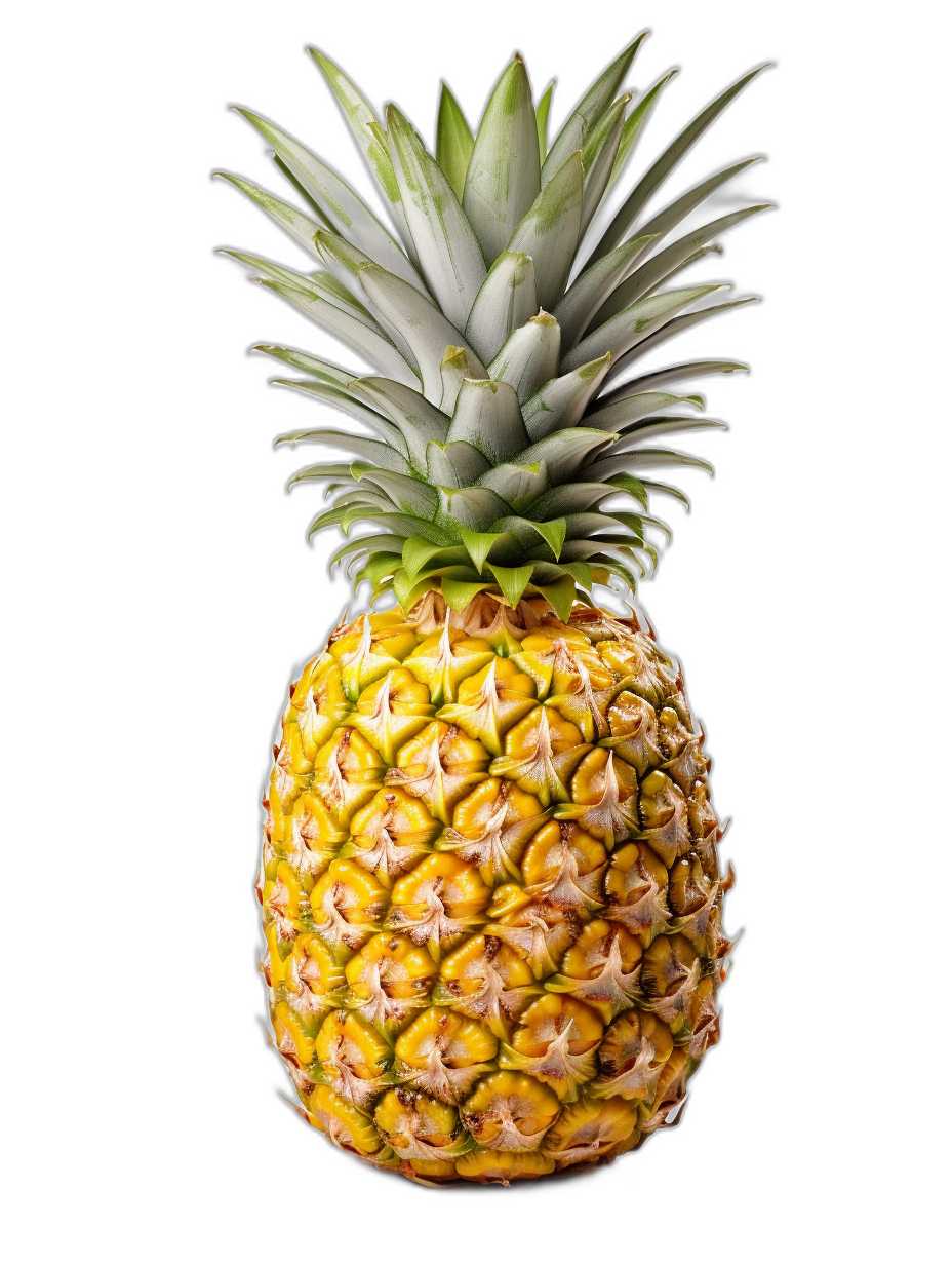 A pineapple, front view, on a black background, isolated. The pineapple is depicted in the style of a realistic still life painting.