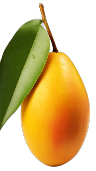 A single mango with a vibrant yellow color and glossy texture, with its bright green leaf hanging on the side, set against a black background. The focus is sharp to highlight every detail of both the fruit and leaves. High resolution to show detailed textures and colors.