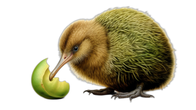 A kiwi bird eating an avocado, realistic illustration on black background