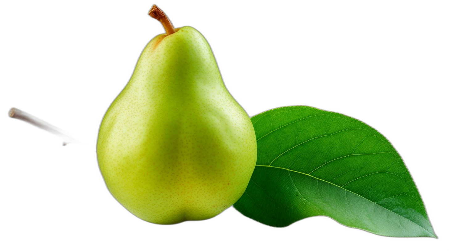 A pear with green leaves on a black background, an isolated photography in the style of stock photo, with professional color grading, soft shadows, no contrast, clean sharp focus digital art, high resolution, with no text or logo.