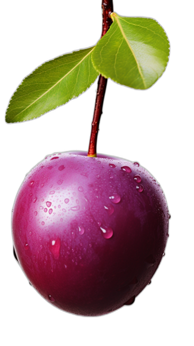 A purple plum with water droplets hanging on the stem and green leaf against a black background, with high resolution photography, high detail, and hyper quality in bright, colorful, and vivid colors with volumetric lighting.