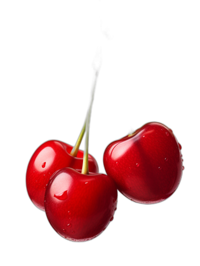 3 fresh cherries, vibrant red color, water drops on them, isolated black background, macro photography, product photo for packaging design, delicious, juicy.