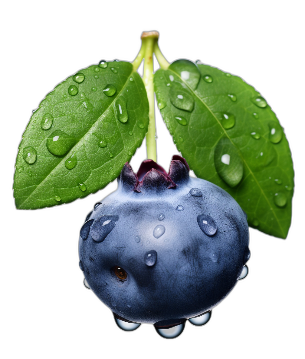 Blueberry with water droplets on it, against a black background, with green leaves hanging from the top of the blueberries. A closeup photograph taken with high definition and commercial photography techniques. Studio lighting was used with professional color grading to achieve a clean, sharp focus. The image has a super realistic, high resolution and high detail style.