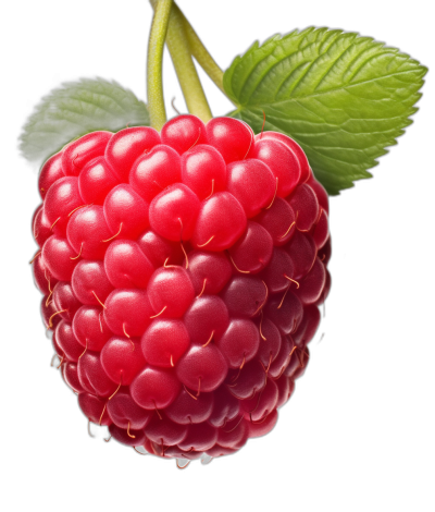 R international design asset, raspberry with leaf on black background, hyper realistic, octane render, high resolution photography, insanely detailed and intricate, dramatic lighting, isolated white borders around the image, no shadows, high key product photo,