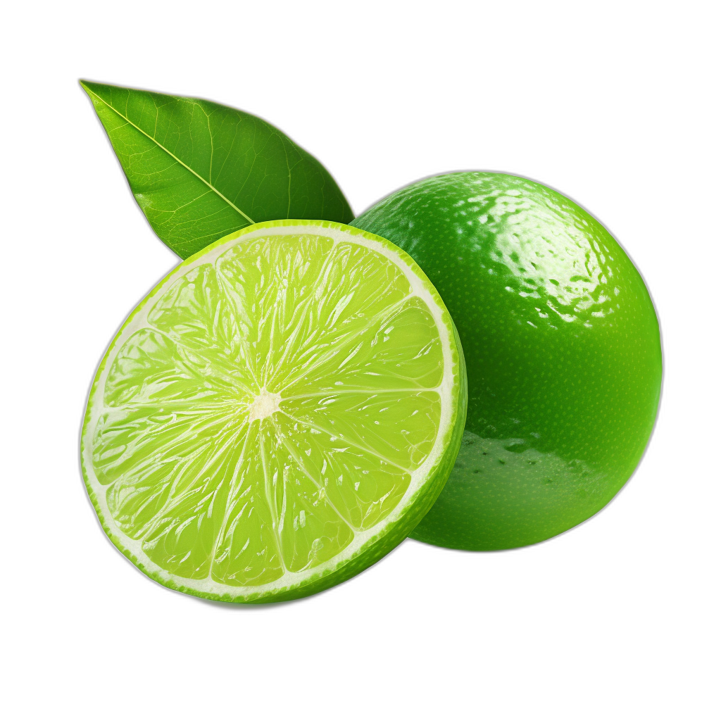 Lime, cut in half with green leaves on black background, isolated, 3d rendering,