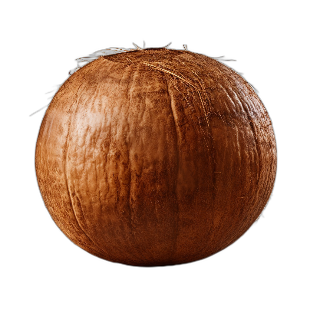 A single big brown sphereshaped coconut, front view, isolated on black background, high resolution photography