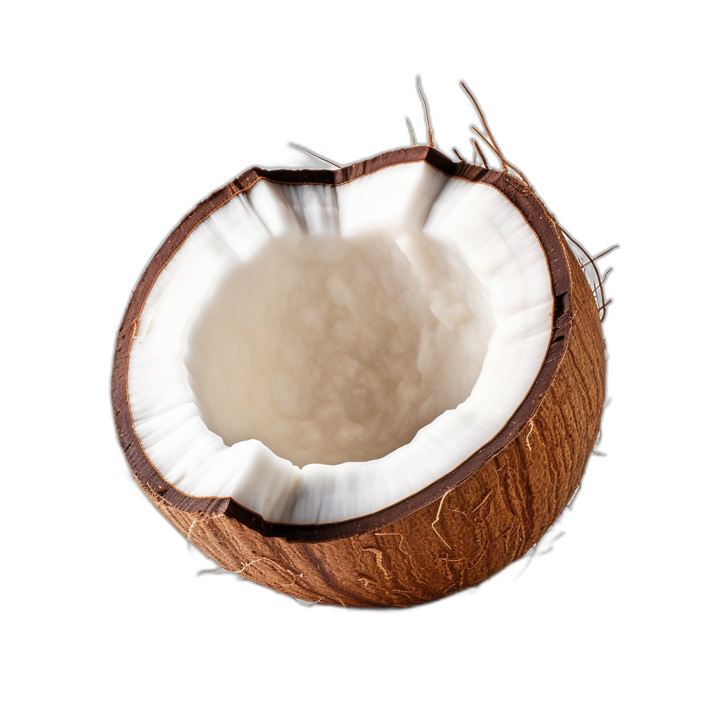 A coconut cut in half with the inside visible on black background, high resolution photography, insanely detailed and intricate, fine details, stock photo