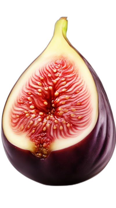 A cut fig, symmetrical composition, isolated on black background, macro shot with soft lighting, high resolution photography, insanely detailed and intricate, fine details, stock photo