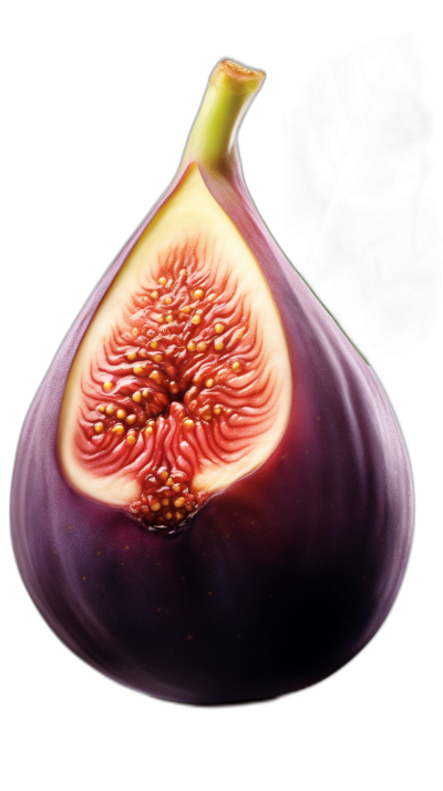 A photorealistic image of an isolated fig, showcasing its vibrant purple color and intricate patterns inside the seedless fruit against a black background. The soft yet focused lighting highlights every detail on both sides of the fig. This composition emphasizes the beauty of nature's masterpiece in closeup, in the style of photorealism.