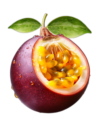 hyper realistic photo of passion fruit cut in half with seeds and leaves isolated on black background