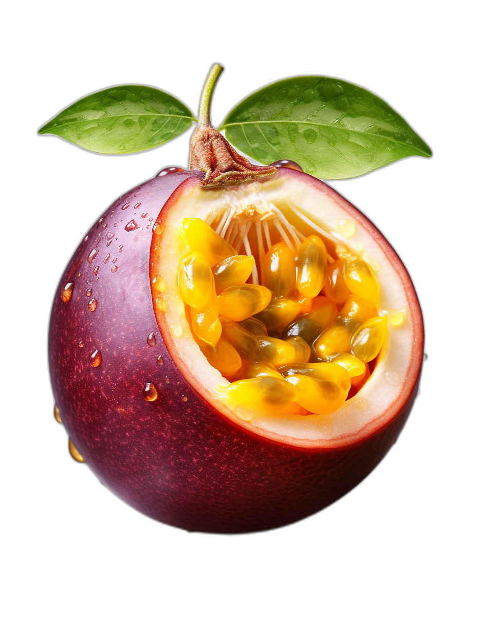 hyper realistic photo of passion fruit cut in half with seeds and leaves isolated on black background