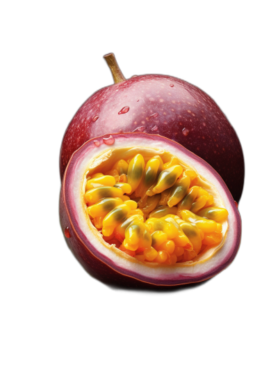 A passion fruit is cut in half, showcasing its vibrant yellow and orange seeds inside the deep red exterior. The passion fruits are set against an allblack background to highlight their vivid colors and intricate details. This highquality photograph captures every detail of each slice with sharp focus on both edges and center for highly detailed rendering. It's perfect as a poster or packaging design element, offering creative possibilities.